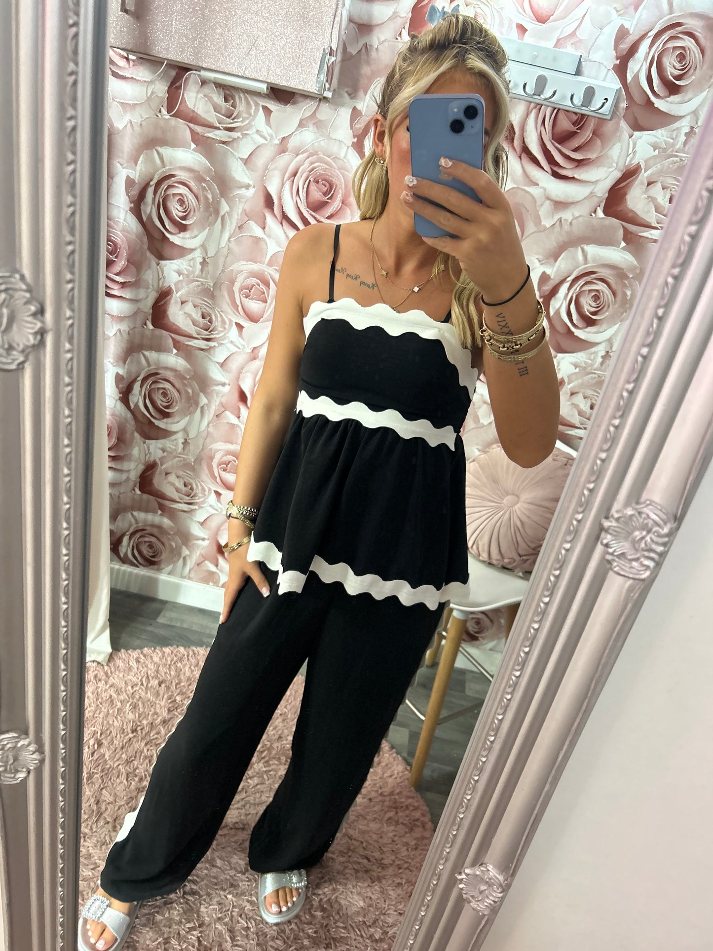 SALE- Black and White Contrast Peplum Cami Strap Co-Ord Set