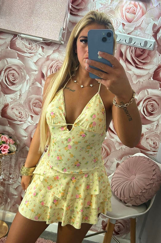 Floral Ruffle Frill Halterneck Skort Playsuit