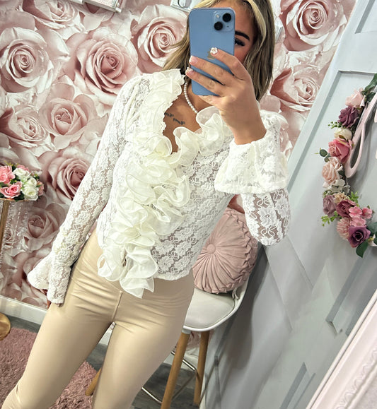 Floral Lace Ruffle Frill Bell Sleeved Blouse Top