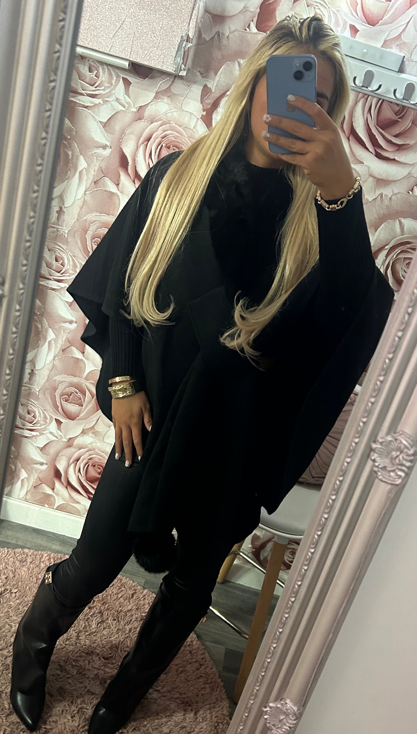Fur Trimmed Pom Pom Cape