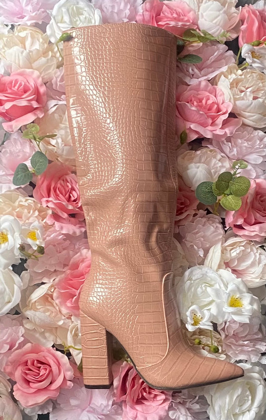 Nude Pink Croc Print Heeled Boots