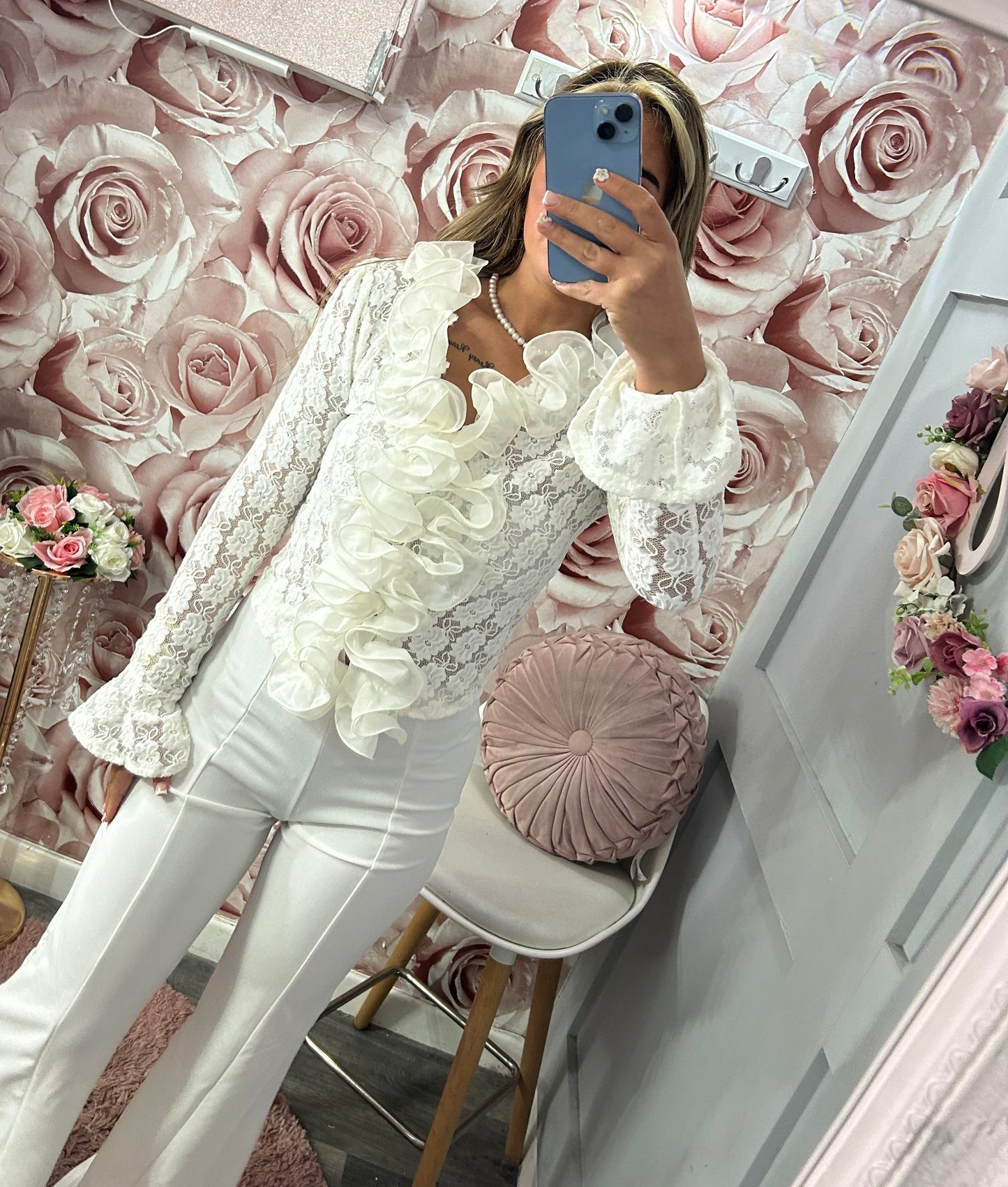 Floral Lace Ruffle Frill Bell Sleeved Blouse Top