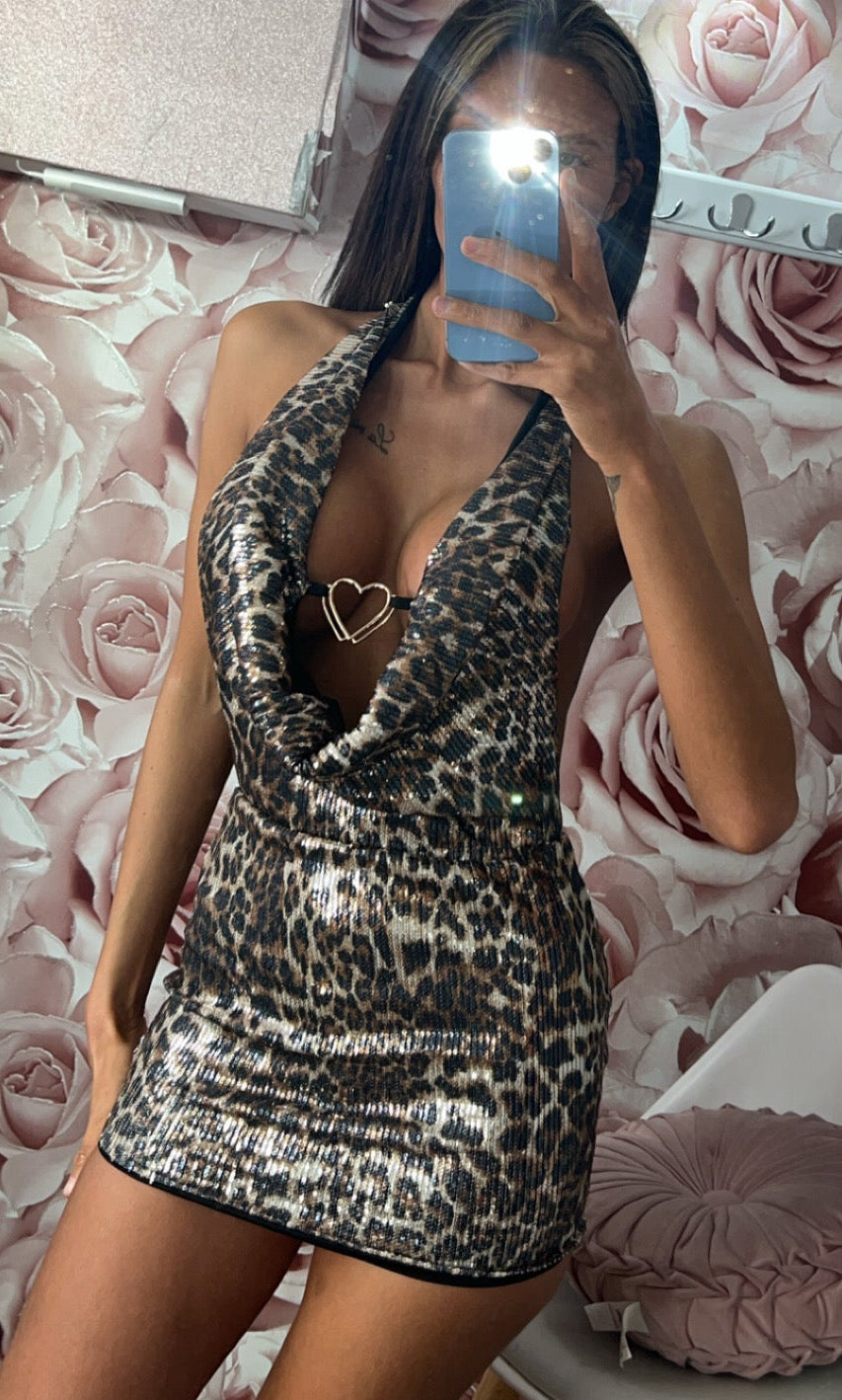 Leopard Print Sequin Gold Heart Cowl Halterneck Dress
