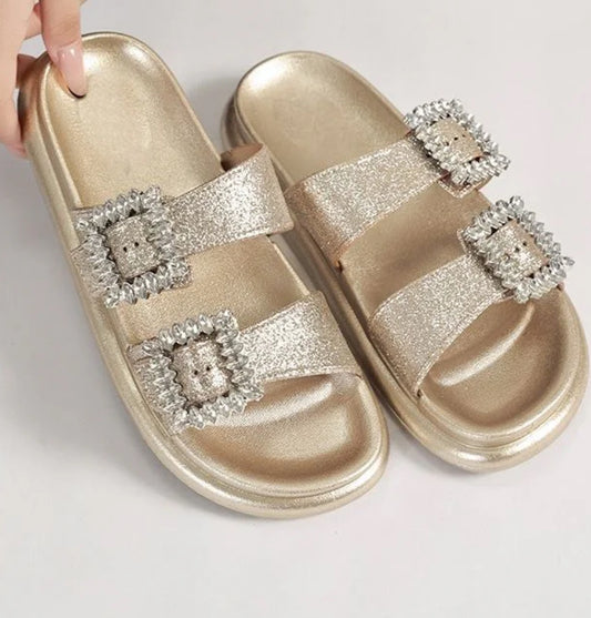 Glitter Sparkle Diamanté Buckle Comfort Sole Sandals