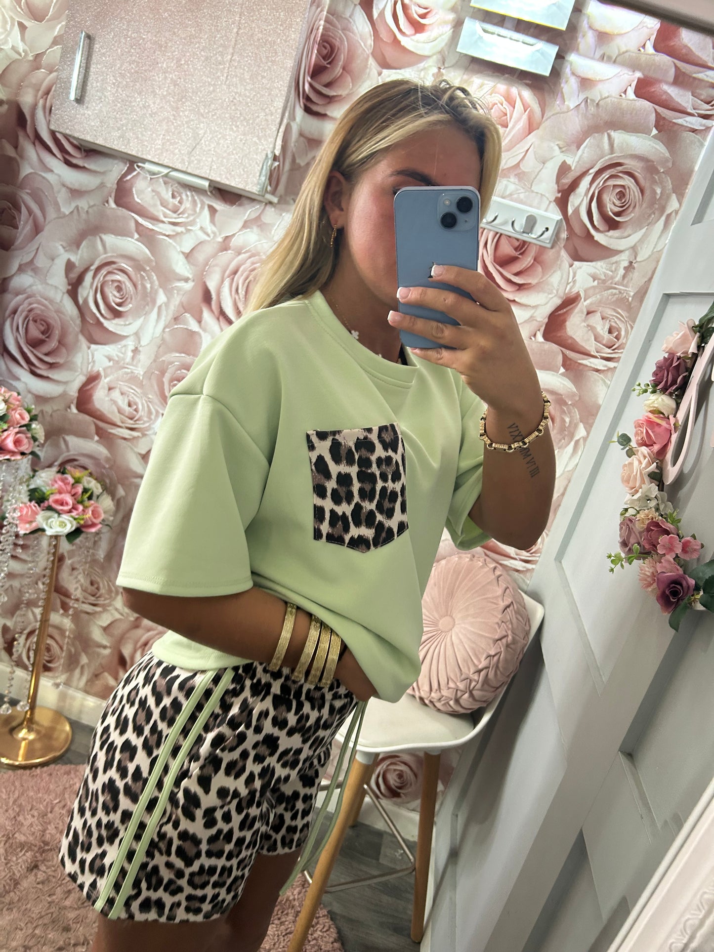 Leopard Print Pocket Contrast Coloured Stripe TShirt & Shorts Co-Ord Set
