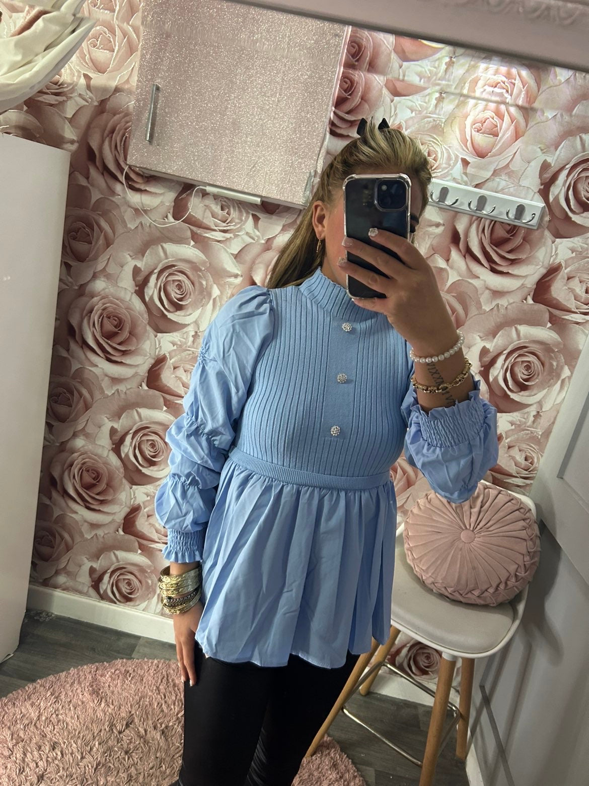 Diamanté Button Cashmere Soft Ruched Arm Peplum Shirt Jumper