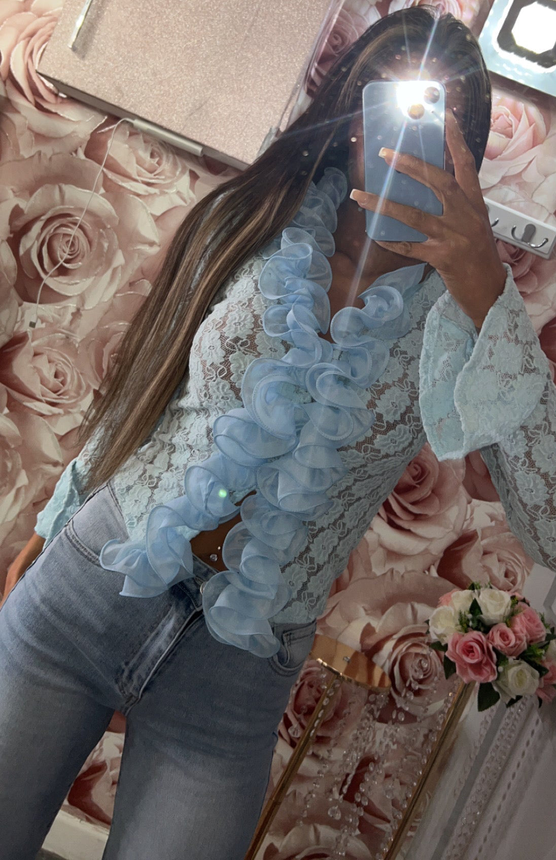Floral Lace Ruffle Frill Bell Sleeved Blouse Top