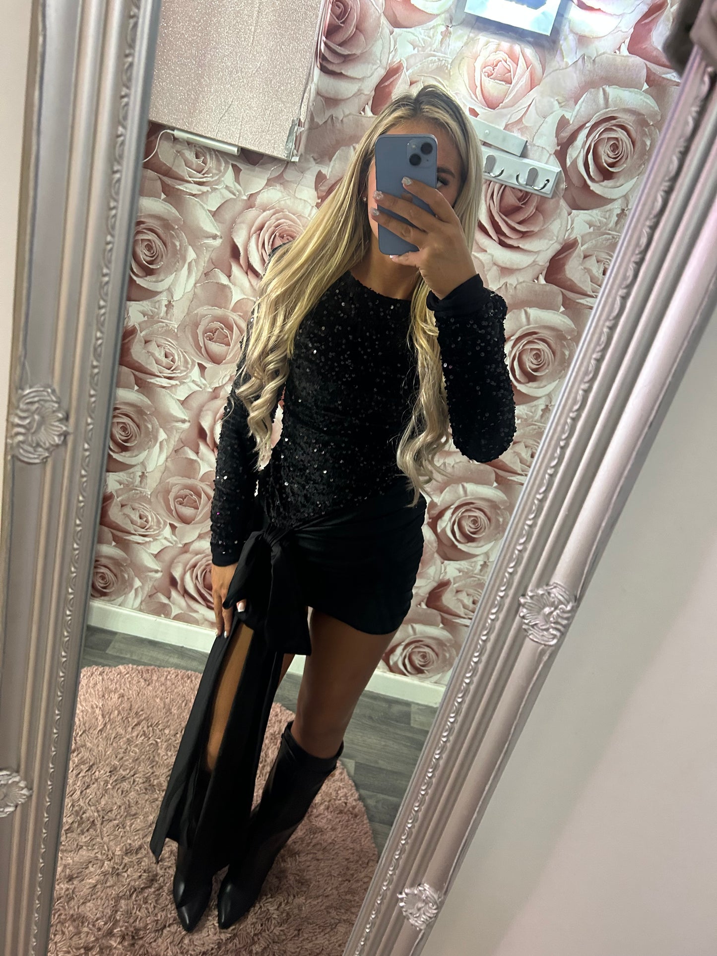 Luxe Quality Fully Lined Sequin & Satin Drape Tie Bow Mini Dress