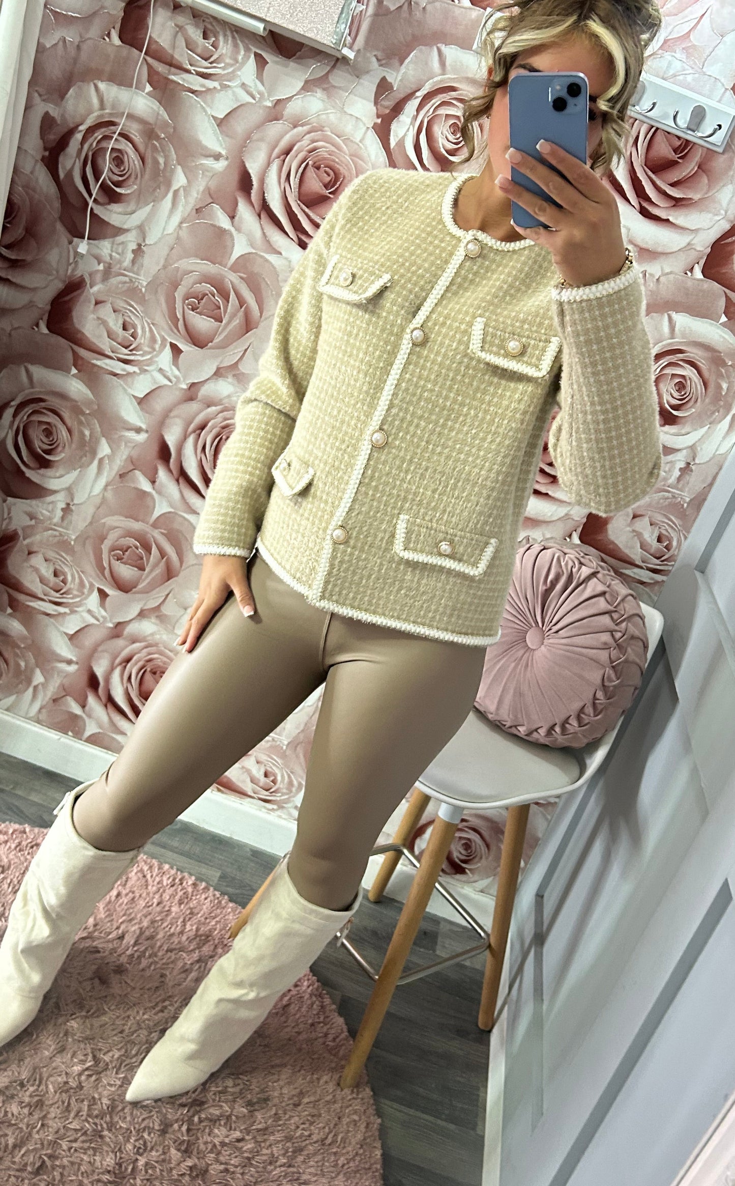 Pearl Button, Mocha & Cream Checked Thick Quality Cardigan