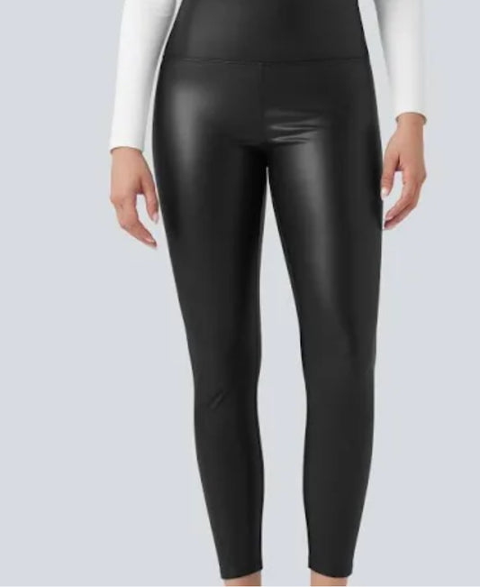 PU Faux Leather Waist Control Fleece Lined Leggings