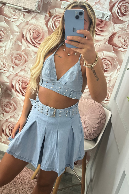Denim Bralet & Pleated Skirt Co-Ord