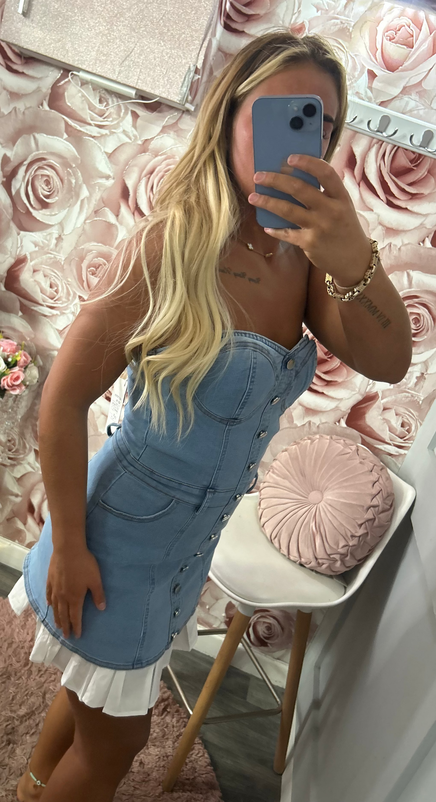Denim padded frill bottom dress
