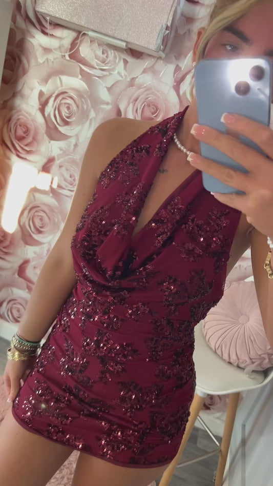 Floral Sequin Cowl Halterneck Dress