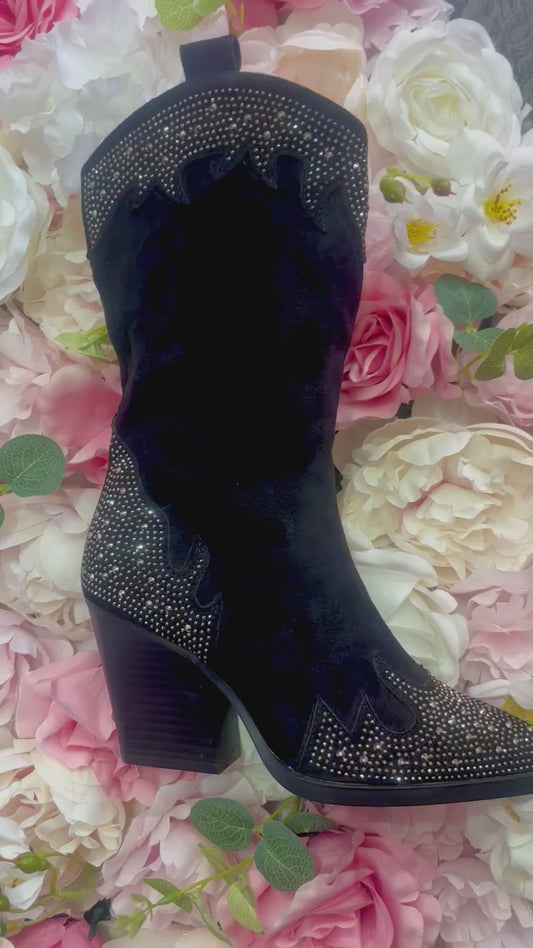 Suede Diamanté Sparkle Cowboy Boots